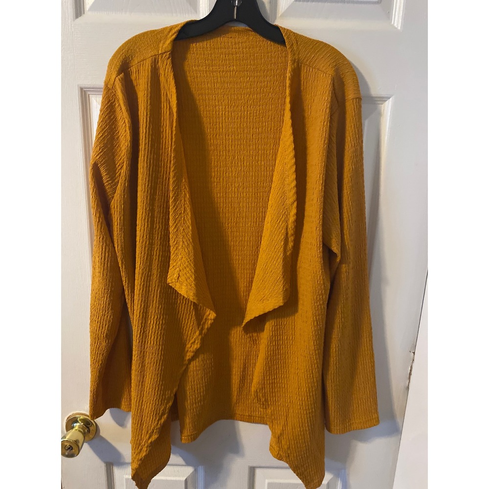 Mustard Yellow Crinkle Texture Open Front Draped Cardigan Plus Size 1XL